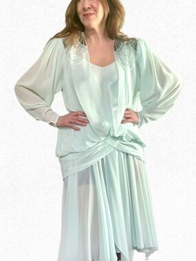 1980s Lillie Rubin Mint Green Draped Evening Dress with Beaded Shoulders